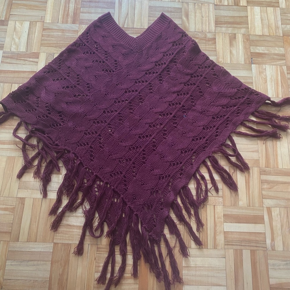 Elegant Burgundy Knit Poncho Sweater